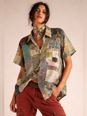 JADED GYPSY RELAXED, PATCHWORK, SHORT SLEEVE SHIRT